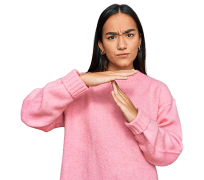 Young asian woman wearing casual winter sweater doing time out gesture with hands, frustrated and serious face - Powered by Adobe