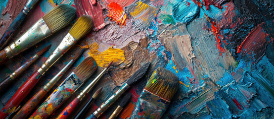 Fototapeta premium A vivid tapestry of paint and brushes tells a tale of artistic passion and colorful creativity