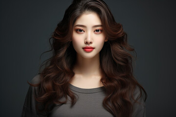 Fototapeta premium Woman with long brown hair and red lips. Versatile image for various uses.