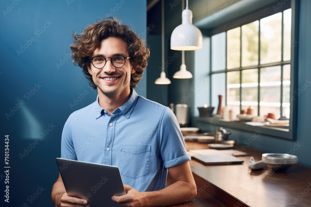 Poster man in blue shirt holding tablet computer. suitable for technology-related articles and websites.