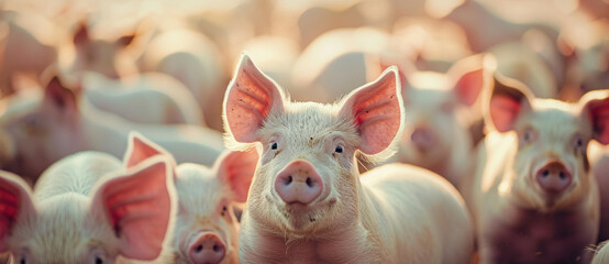 Curious piglet standing out in a crowd of pigs, glistening in the warm, golden light of the farm - obrazy, fototapety, plakaty
