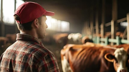 A man stands confidently in front of a herd of cows. This image can be used to depict leadership, confidence, and interaction with animals