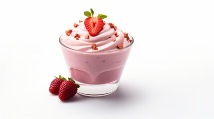 Strawberry mousse on white background. Delicious sweet mousse with Strawberry in plate. Minimalism. Food photography. Horizontal format, for bar menu