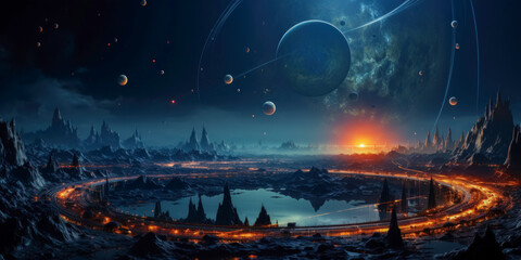 Fantasy alien planet. Mountain and moon. 3D illustration.