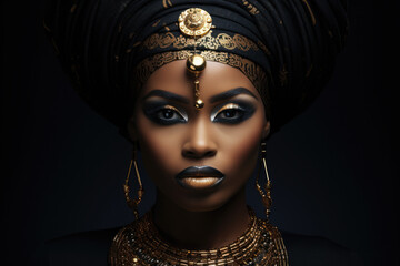 Woman wearing black turban adorned with gold jewelry. This image can be used to showcase cultural traditions or for fashion and accessories related projects.