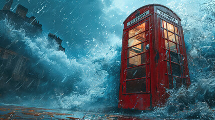 red telephone booth is flooded - Powered by Adobe