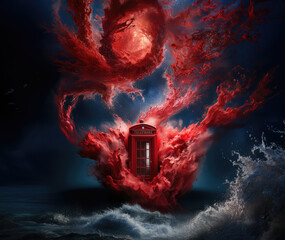telephone booth in swirling red clouds