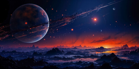 Fantasy alien planet. Mountain and moon. 3D illustration.