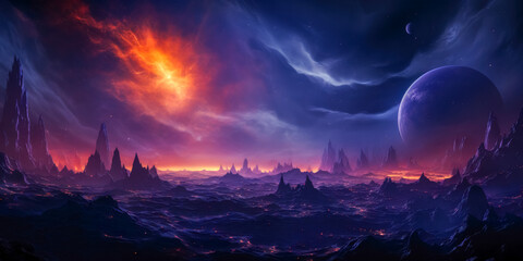 Naklejka premium Fantasy alien planet. Mountain and moon. 3D illustration.