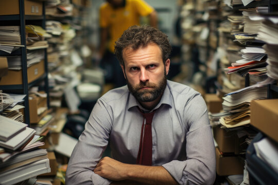 Man sitting in room filled with stacks of papers. Can be used to depict cluttered workspace or busy office environment.