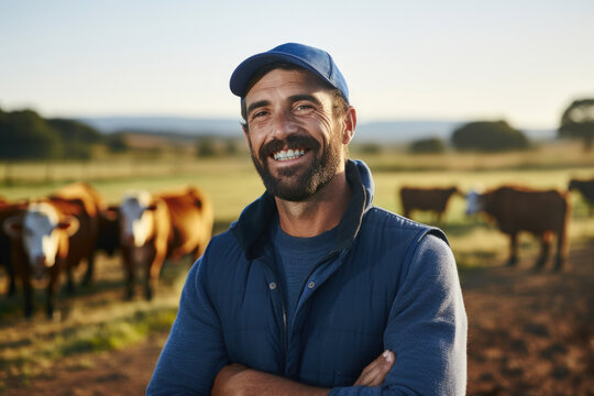 Man standing confidently in front of large herd of cows. This image can be used to depict leadership, confidence, or relationship between humans and animals.