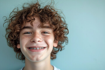 A close-up portrait of a smiling, smart, curly-haired schoolboy with braces on his teeth looking into the camera. The concept of education