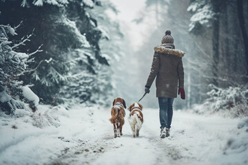 A couple in love with a pet spaniel dog on a snowy walk in the countryside in winter