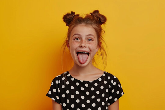 Naklejki A Caucasian girl in a polka dot shirt on a yellow background with her tongue sticking out happily and a funny expression on her face. The concept of emotions