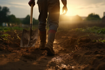 Person is seen holding shovel in field. This image can be used to represent gardening, farming, or manual labor.
