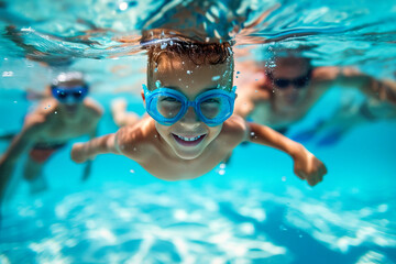 A little boy and his family swim underwater in a swimming pool during summer vacation