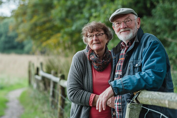 A loving casually dressed couple of mature or older age leaning on a fence on a walk in the countryside
