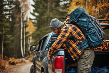 Obraz premium A man loads a backpack into a pickup truck for a trip to a summer cottage in the countryside