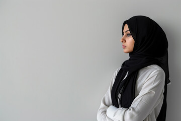 A Muslim girl wearing an Islamic hijab and formal clothes stands against a white wall