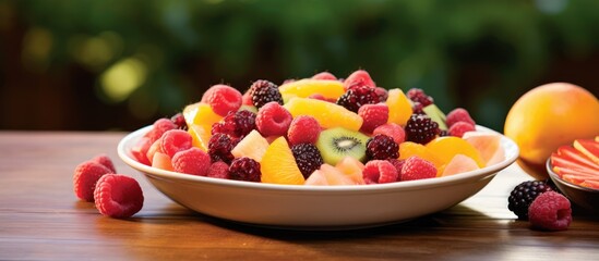 Mixed raspberries, tangerines, grapes, and nectarines create a nutritious fruit salad dessert.
