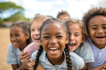 Obraz premium A multinational group of schoolchildren laughing and hugging