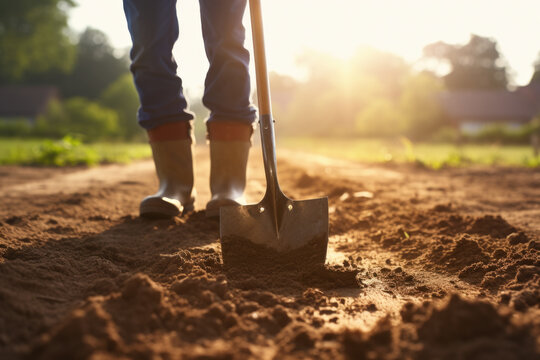 Person is pictured standing in dirt, holding shovel. This image can be used to represent gardening, landscaping, construction, or manual labor.
