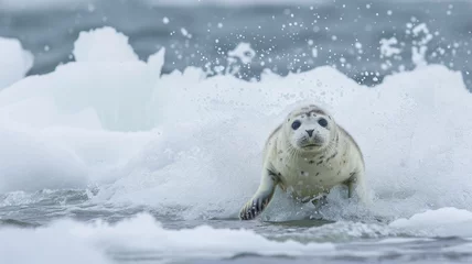 Zelfklevend Fotobehang seal fleeing from the storm Arctic Blast through water and glaciers on snow © Anna