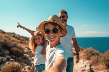 A son points during a vacation with his happy family