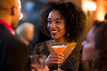 A woman at a party talking to a guest and drinking a cocktail