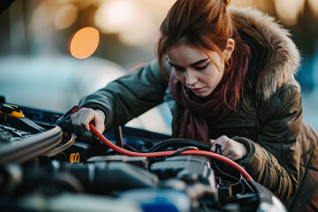 A woman connects a jumper to start a car engine with a dead battery