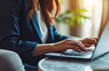 In a close-up shot, a businesswoman's hands are the focal point as she types diligently on a laptop, epitomizing focus, dedication, and professionalism in a corporate work setting