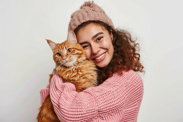 A young beautiful smiling Arab woman in a pink knitted sweater stands on a white background holding and hugging her orange cat