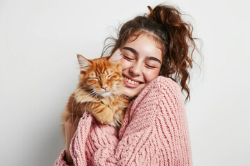 A young beautiful smiling Arab woman in a pink knitted sweater stands on a white background holding and hugging her orange cat. Concept of friendship