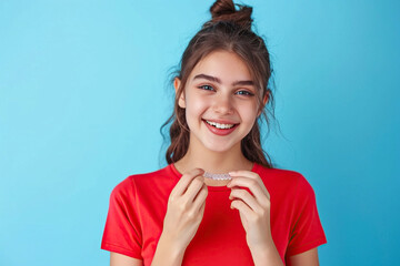 A young brunette in a red T-shirt against a blue wall holds an invisible aligner in her hands, ready to use. The concept of dental health and confidence