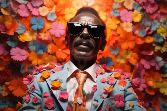 Man wearing suit and sunglasses stands confidently in front of beautiful wall of flowers. This image can be used to convey elegance, style, or as backdrop for various themes.