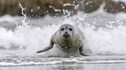 Fotobehang seal fleeing from the storm Arctic Blast through water and glaciers on snow © Anna