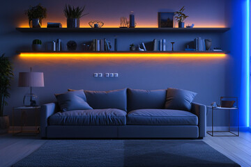 Interior of a dark living room with a sofa, shelves and glowing lamps