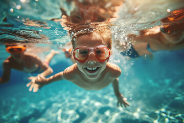 little boy and his family swim underwater in a swimming pool during summer vacation - Powered by Adobe
