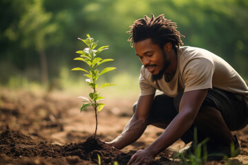Man is seen kneeling down to plant tree. This image can be used to depict environmental conservation or gardening activities.