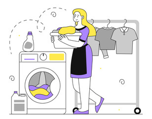 Woman with washing machine vector linear