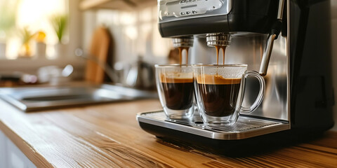 Fototapeta na wymiar Modern coffee machine with double glass espresso cup on the kitchen table