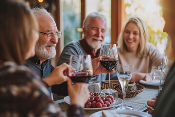 Older parents with adult children sit at the table and drink wine before meals at home