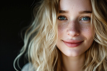 Fototapeta premium Portrait of a beautiful blonde young woman looking into the camera and smiling on a black background
