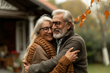 Obraz premium Portrait of a loving elderly couple embracing in the open air in front of the house