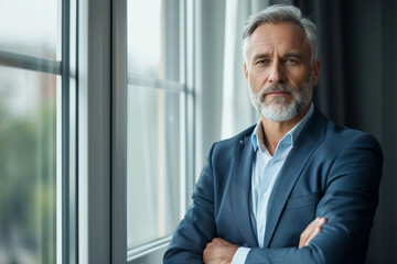 Portrait of a mature man or businessman standing by the window in the office or at home