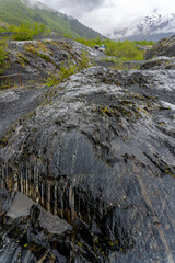 Fototapeta na wymiar Glacial polish shines and glacial striations gouge rocks in Kenai Fjords National Park. Moving ice carried pebbles and sand grains which ground a smooth surface or scratches on the rock. 