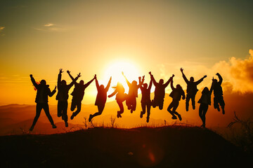 Fototapeta na wymiar Silhouette of a group of people jumping in the air against the background of a bright sunrise in the mountains