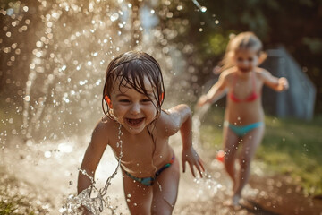 Small children in swimsuits run around and splash water on each other from a garden hose - obrazy, fototapety, plakaty
