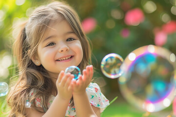 Smiling girl outdoors having fun playing with bubbles in the garden