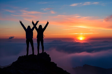 Fototapeta na wymiar Silhouette of two people with raised arms on a mountain top at sunrise